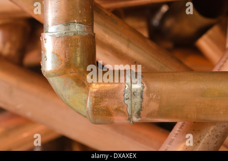 mass of copper plumbing pipe discarded and now scrap metal 15 20 mm tubing soldered junction lead free Stock Photo