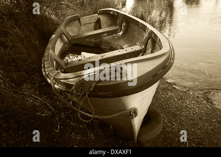 Rowing Boat tied up, Lough Derg Tipperary Ireland in Sepia tone Stock Photo