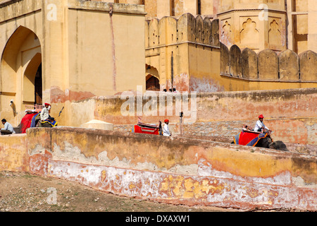 Colored Indian elephants in Amber Palace, Jaipur, India. Stock Photo
