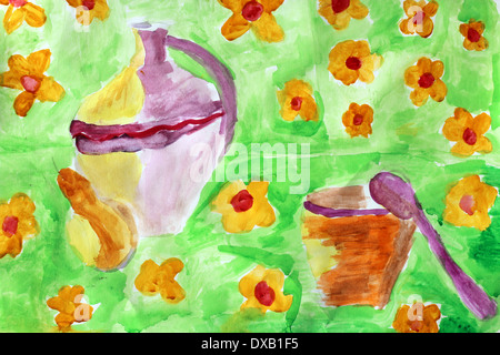 Children's drawing with brown old pitcher on the colorful background Stock Photo