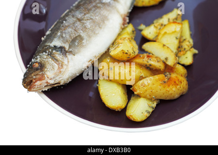 sea bass fish baked in salt and fried potato slices on ceramic plate isolated on white background Stock Photo