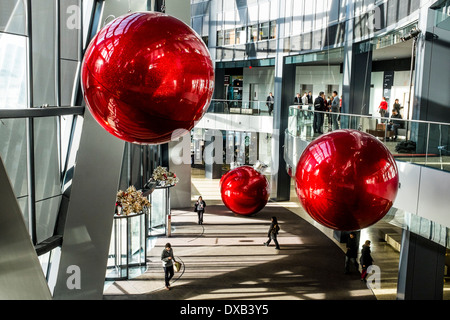 The Christmas ornaments on display at the BOW building's foyer in Calgary, Alberta, Canada. Stock Photo