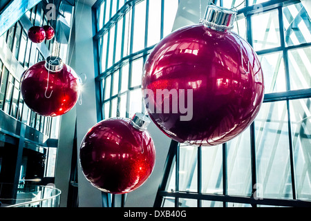 The Christmas ornaments on display at the BOW building's foyer in Calgary, Alberta, Canada. Stock Photo