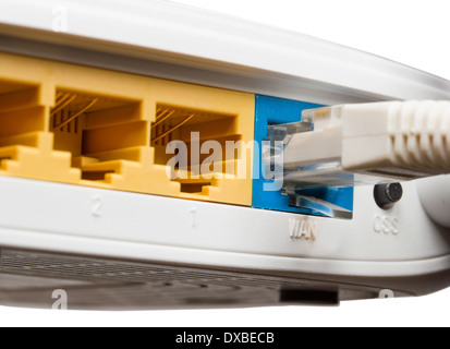 Router network hub with patch cable on isolated background Stock Photo