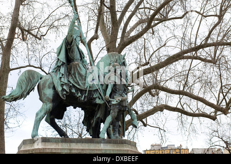 Equestrian statue of Charlemagne and two of his leudes Olivier and Roland with his sword Durendal with a broom Stock Photo