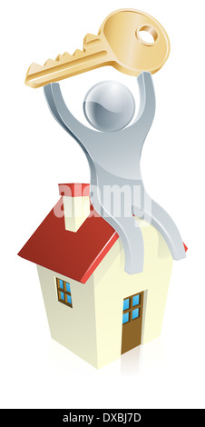 Illustration of happy silver mascot man sitting on a house with a house key in his hands. Real estate concept Stock Photo