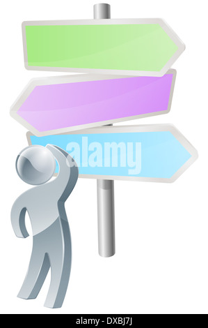 Direction sign post concept of a man looking at a sign and scratching his head in thought Stock Photo