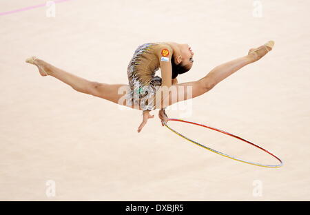 Stuttgart, Germany. 23rd Mar, 2014. Russia's Margarita Mamun in action during her hoop routine at the finale of the Rhythmic gymnastics World Cup at the Porsche Arena in Stuttgart, Germany, 23 March 2014. Margarita Mamun took second place. Photo: BERND WEISSBROD/dpa/Alamy Live News Stock Photo