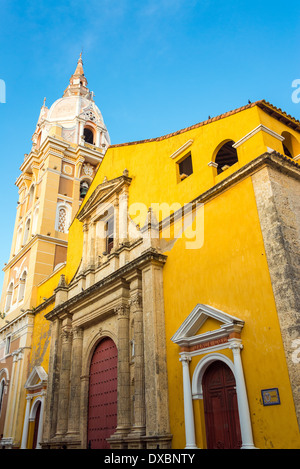 View of the colorful facade of the historic cathedral in Cartagena, Colombia Stock Photo