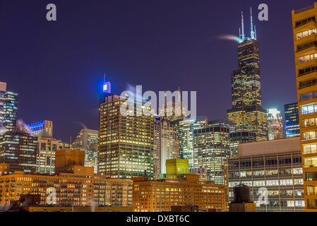 View of Chicago skyscrapers at nighttime Stock Photo