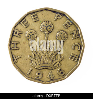 Old British three pence coin Stock Photo