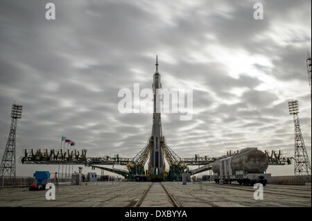 The Soyuz TMA-12M spacecraft after being raised into launch position on the launch pad at the Baikonur Cosmodrome March 23, 2014 in Baikonur, Kazakhstan. Launch of the Soyuz rocket is scheduled for March 26 and will send Expedition 39 Soyuz Commander Alexander Skvortsov of the Russian Federal Space Agency, astronaut Steven Swanson of NASA, cosmonaut Oleg Artemyev of Roscosmos on a six-month mission aboard the International Space Station. Stock Photo