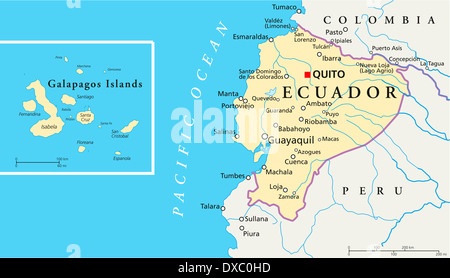 Political map of Ecuador and Galapagos Islands with the capital quito, national borders, most important cities, rivers and lakes Stock Photo