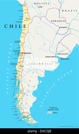 Political map of Chile with the capital Santiago, national borders, most important cities, rivers and lakes.