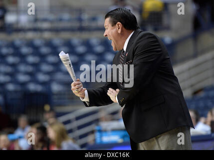 Storrs, CT, USA. 23rd Mar, 2014. Sunday March 23, 2014: Georgia Lady Bulldogs Head Coach Andy Landers reacts to a play during the first half in the 1st round of the NCAA Div 1 womens basketball championship tournament between Saint Joseph and Georgia at Gampel Pavilion in Storrs, CT. Bill Shettle/Cal Sport Media. © csm/Alamy Live News Stock Photo