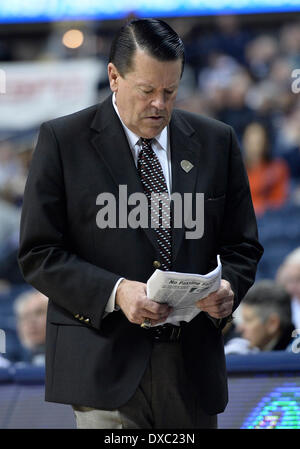 Storrs, CT, USA. 23rd Mar, 2014. Sunday March 23, 2014: Georgia Lady Bulldogs Head Coach Andy Landers looks at his notes along the sidelines during the second half in the 1st round of the NCAA Div 1 womens basketball championship tournament between Saint Joseph and Georgia at Gampel Pavilion in Storrs, CT. Bill Shettle/Cal Sport Media. © csm/Alamy Live News Stock Photo