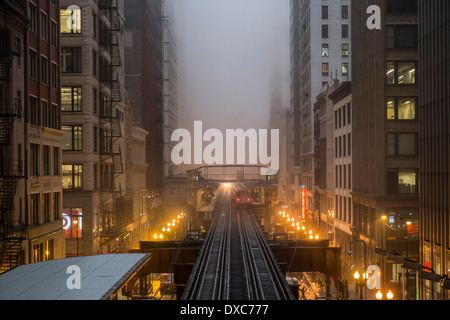 An El station in the Loop, Chicago, Illinois, USA in heavy fog Stock Photo