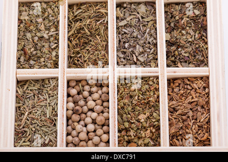Overhead view of a tray with individual divisions displaying assorted dried spices and herbs for use in a kitchen to season and flavour food when cooking Stock Photo
