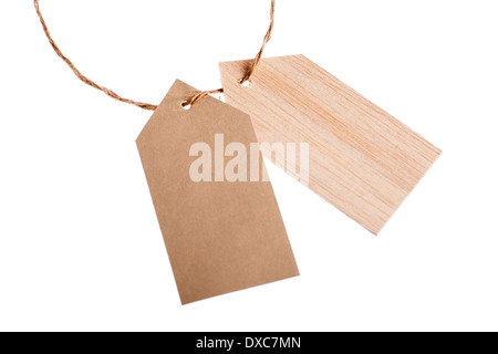 Color shot of two tags with a rope, isolated on white. Stock Photo