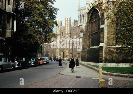 Street scene in Cambridge, showing St. John's College in the background, 1957 Stock Photo