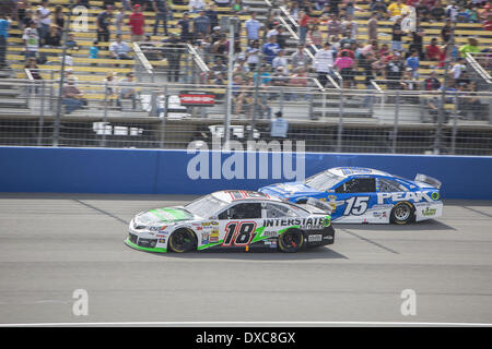 Fontana, California, US. 23rd Mar, 2014. Kyle Busch, driver of the #18 Interstate Batteries Toyota and Clint Bowyer, driver of the #15 Peak Toyota compete in the NASCAR Sprint Cup Series Auto Club 400 at Auto Club Speedway on March 23, 2014 in Fontana, California. Credit:  Daniel Knighton/ZUMAPRESS.com/Alamy Live News Stock Photo