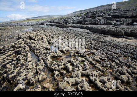 Rocky limestone pavement on the shoreline and view of the Burren from Fanore, County Clare, Ireland Stock Photo