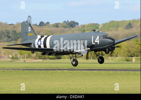 Douglas DC-3, C-47 Skytrain is a fixed-wing propeller-driven airliner used in WWII. Its speed and range revolutionised civilian and military transport Stock Photo