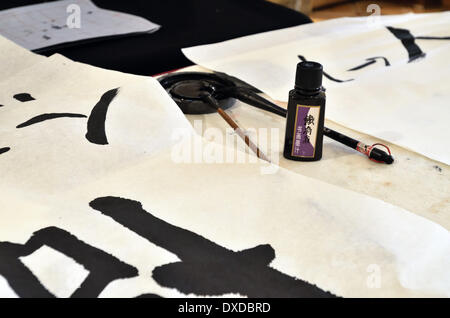 Kiev, Ukraine. 22 March, 2014. Art of Chinese calligraphy in Kiev: exhibition and workshop. Calligraphy is sheer life experienced through energy in motion that is registered as traces on paper, with time and rhythm in shifting space its main ingredients. Visitors of the Khanenko Museum of Art can see it and learn basis on recent exhibition. Credit:  Oleksandr Rupeta/Ģ����ý Live News Stock Photo