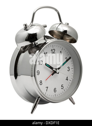 Classic silver chrome Clock with Alarm bells on top to get you out of bed Stock Photo