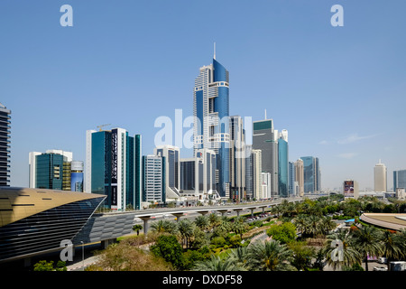 Daytime skyline view along skyscrapers on Sheikh Zayed Road in Dubai United Arab Emirates Stock Photo