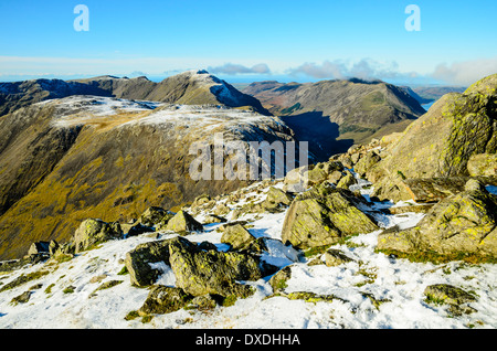 Near the summit of Great Gable in the Lake District looking to Kirk Fell, Pillar, Ennerdale and High Stile Stock Photo