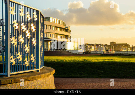 Bird railings and the Midland Hotel in Morecambe Lancashire England Stock Photo