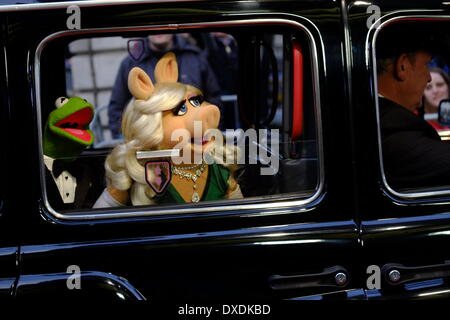 Mayfair, London, UK . 24th Mar, 2014. Miss Piggy and Kermit. The stars of 'Muppets Most Wanted' arrive at the Curzon Cinema in Mayfair for a VIP screening. Credit:  Rachel Megawhat/Alamy Live News Stock Photo