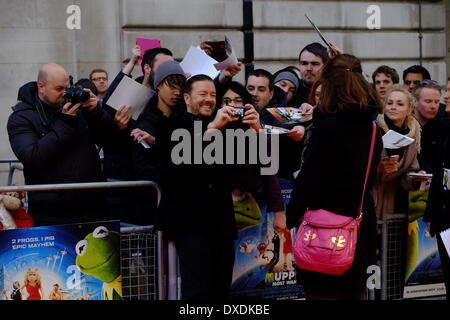 Mayfair, London, UK . 24th Mar, 2014. Ricky Gervais. The stars of 'Muppets Most Wanted' arrive at the Curzon Cinema in Mayfair for a VIP screening. Credit:  Rachel Megawhat/Alamy Live News Stock Photo