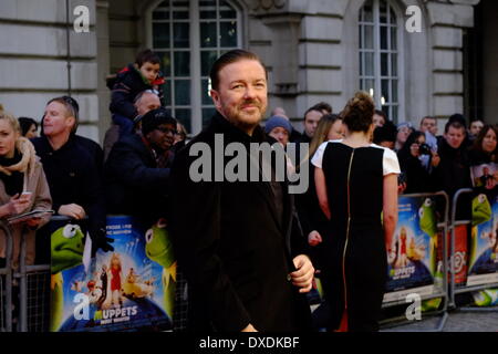 Mayfair, London, UK . 24th Mar, 2014. Ricky Gervais. The stars of 'Muppets Most Wanted' arrive at the Curzon Cinema in Mayfair for a VIP screening. Credit:  Rachel Megawhat/Alamy Live News Stock Photo