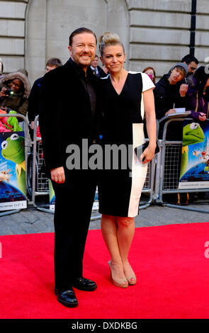 Mayfair, London, UK . 24th Mar, 2014. Ricky Gervais and wife. The stars of 'Muppets Most Wanted' arrive at the Curzon Cinema in Mayfair for a VIP screening. Credit:  Rachel Megawhat/Alamy Live News Stock Photo