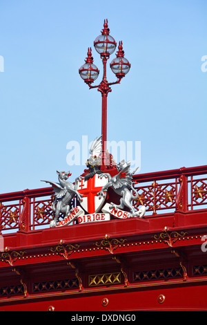 Detail of City of London Corporation coat of arms and lampost on the balustrade of Holborn Viaduct  road bridge Stock Photo