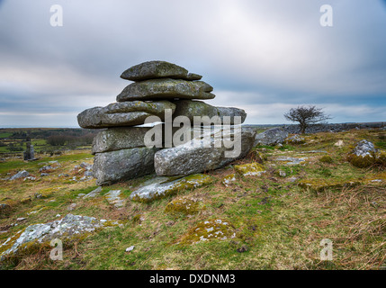 Slabs of granite forming natural rock formations at Carbilly Tor on Bodmin Moor in Cornwall Stock Photo