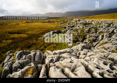 Fissured limestone outcrop at Ribblehead in the Yorkshire Dales with Ribblehead Viaduct behind