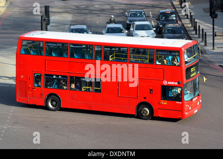 Red London double decker bus (no advertising) operated by Arriva showing rooftop identification number Stock Photo