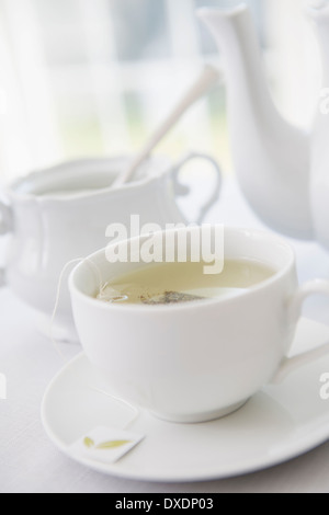 Cup of tea in porcelain white teacup with saucer, sugar bowl, and teapot, studio shot Stock Photo