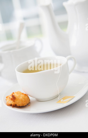 Cup of tea in porcelain white teacup with saucer, sugar bowl, teapot and plate of coconut macaroons, studio shot Stock Photo