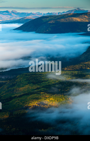 Mist in the valley of the Yukon River at dawn, downstream of Dawson City from Dome Hill, Yukon Territories, Canada Stock Photo
