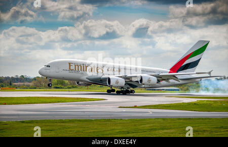 An Emerates airline airbus A380 super jumbo landing at manchester airport 2012 england Stock Photo