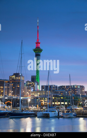 Viaduct Harbour and Sky Tower at dusk, Auckland, North Island, New Zealand Stock Photo