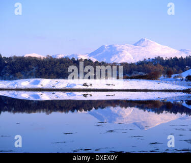 winter wonderland and reflections on a peaceful loch etive with Ben Cruachan in view,connel,argyll. Stock Photo