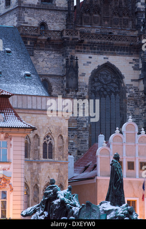 the Jan Hus Memorial with a smattering of snow in the Old Town Square, Prague, Czech Republic Stock Photo