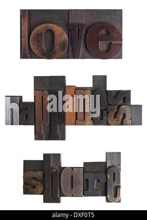 Words love, happiness, share written in vintage letterpress type, scratched and stained, isolated on white  background Stock Photo