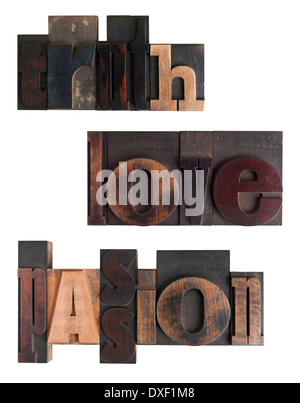 Words truth, love, passion written in vintage letterpress type, scratched and stained, isolated on white background Stock Photo