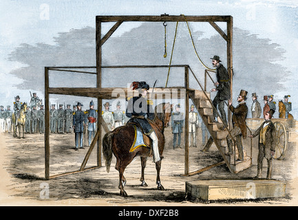 John Brown ascending the scaffold for his execution, 1859. Hand-colored woodcut Stock Photo